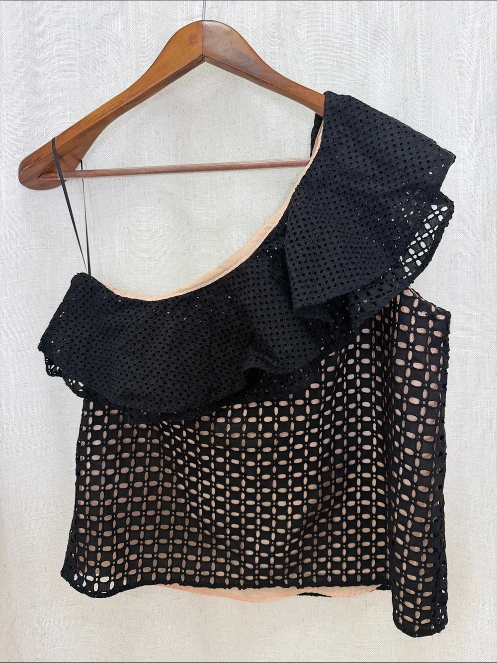 J. Crew Eyelet Black One-Shoulder Lace Overlay Top Size 10 Excellent Condition